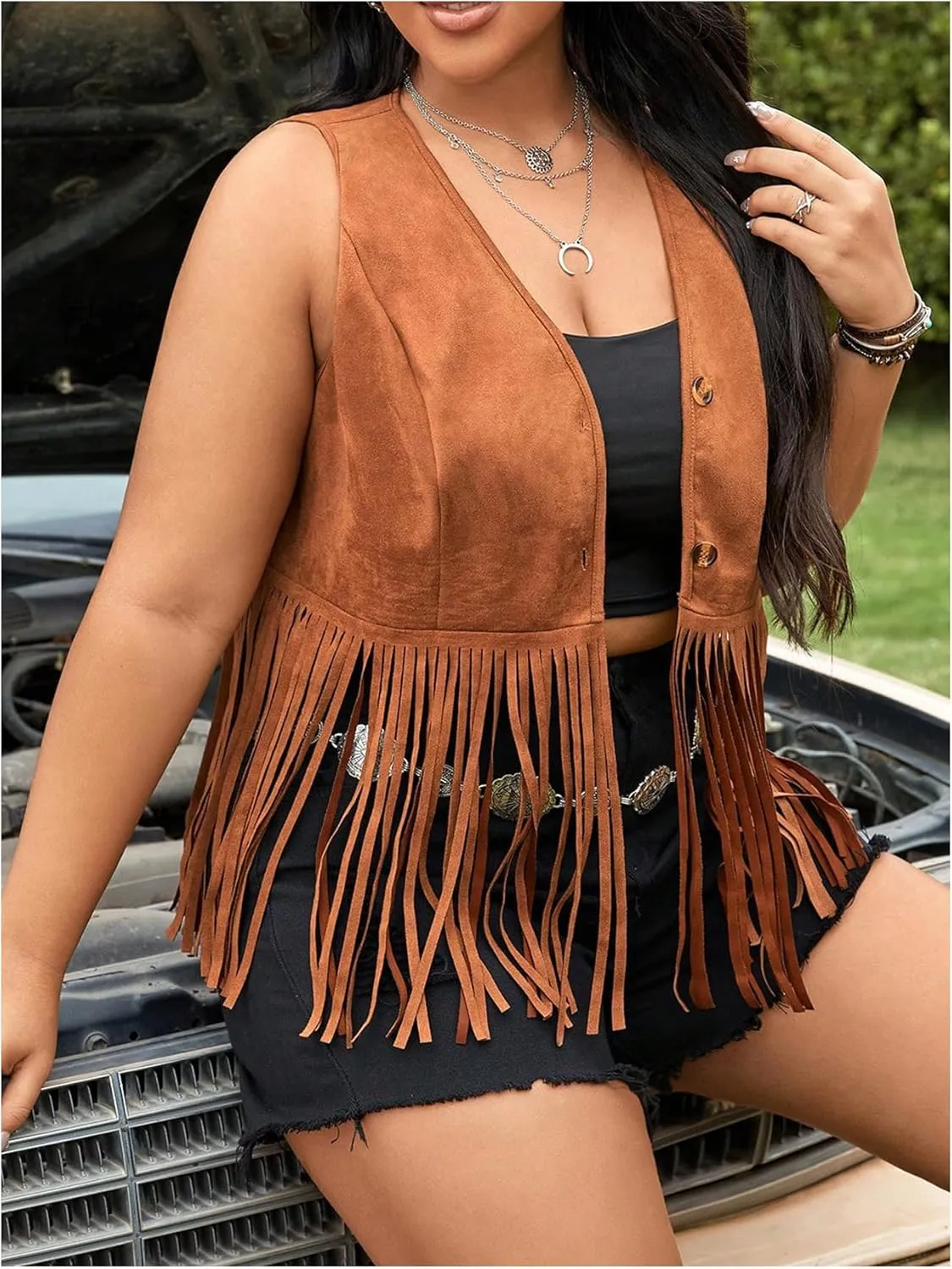 Women's Plus Size Fringe Trim Hem Jacket Sleeveless V Neck Button Front Vintage Jackets 70s Outfits