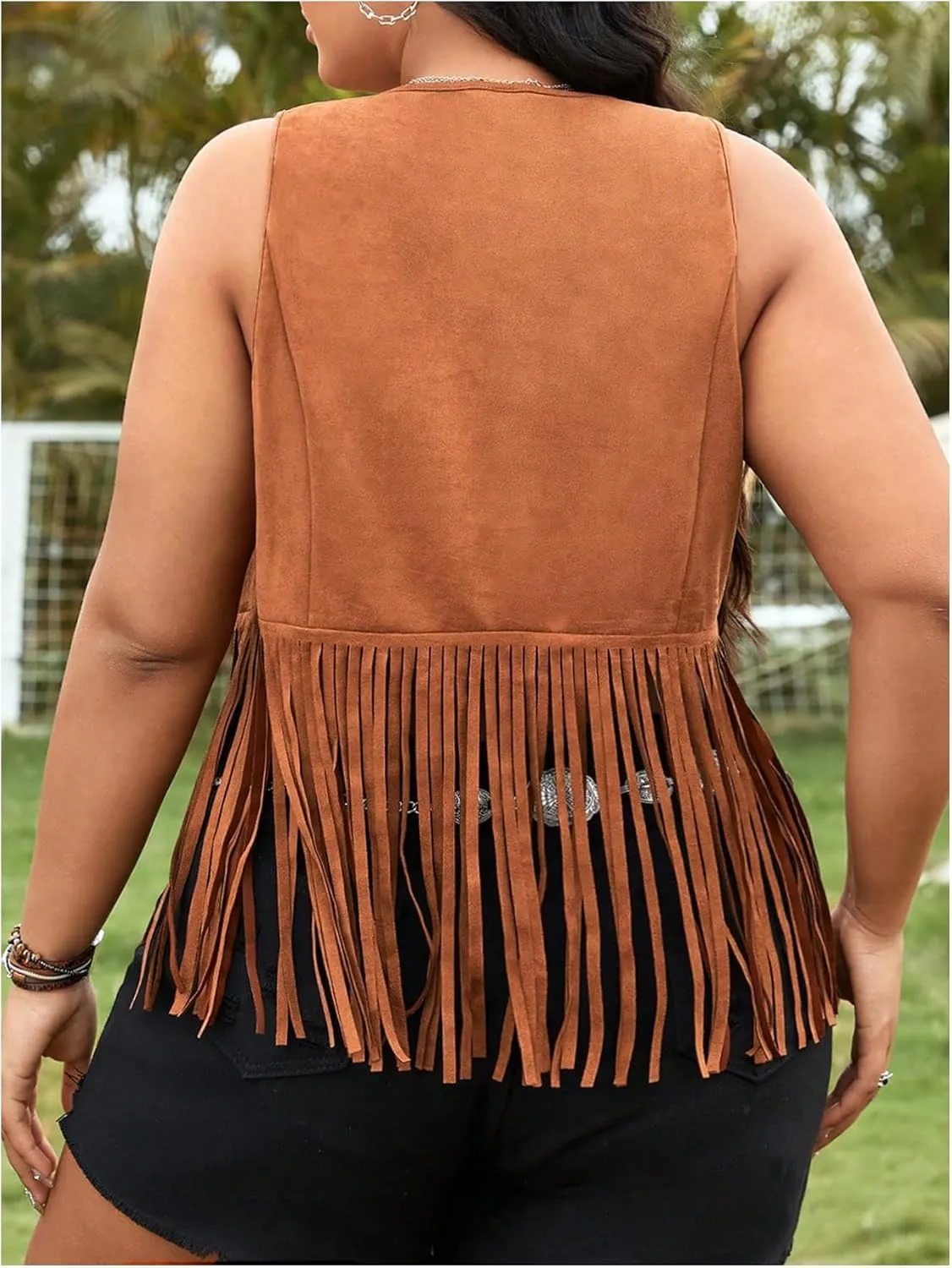 Women's Plus Size Fringe Trim Hem Jacket Sleeveless V Neck Button Front Vintage Jackets 70s Outfits