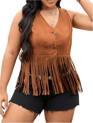 Women's Plus Size Fringe Trim Hem Jacket Sleeveless V Neck Button Front Vintage Jackets 70s Outfits