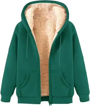 Women's Sherpa Lined Fleece Hooded Sweatshirts Long Sleeve Full Zipper Pullover Fashion Warm Sweatshirt