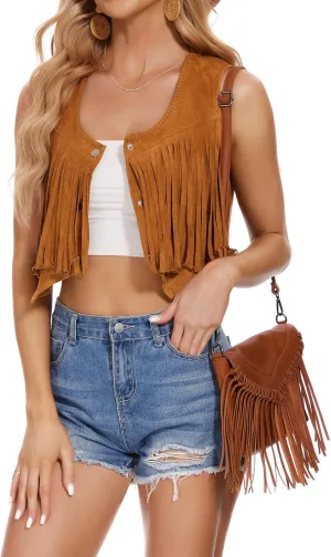 Women's Suede Fringe Trim Sleeveless Crop Vest Jacket Button Front Coat