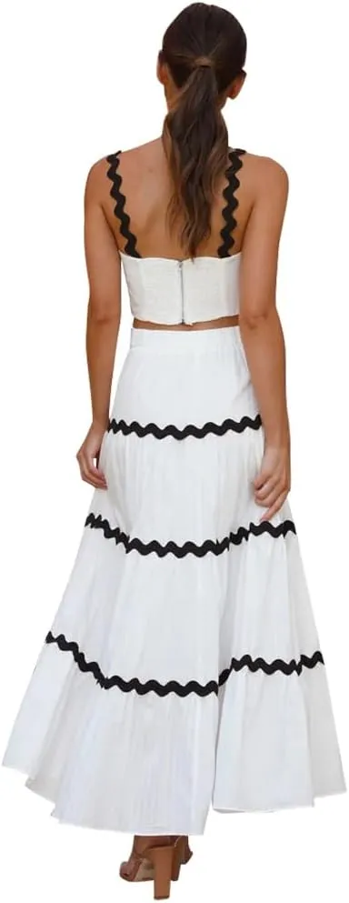 Women's Summer 2 Pieces Set Color Contrast Camisole Top and A Line High Rise Tiered Maxi Skirts