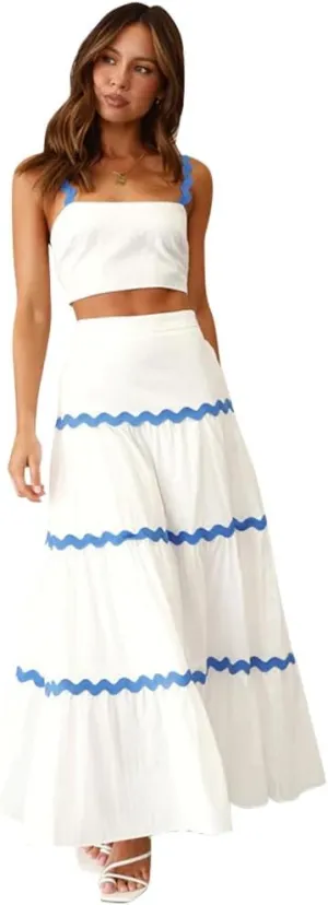 Women's Summer 2 Pieces Set Color Contrast Camisole Top and A Line High Rise Tiered Maxi Skirts