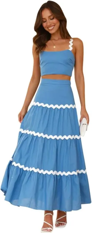 Women's Summer 2 Pieces Set Color Contrast Camisole Top and A Line High Rise Tiered Maxi Skirts