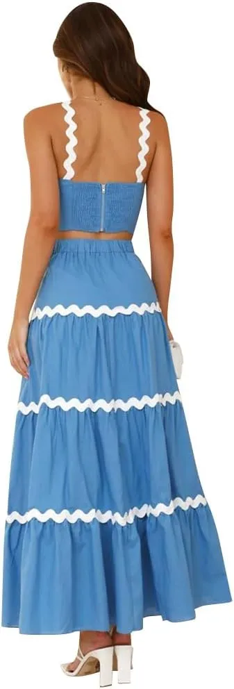 Women's Summer 2 Pieces Set Color Contrast Camisole Top and A Line High Rise Tiered Maxi Skirts