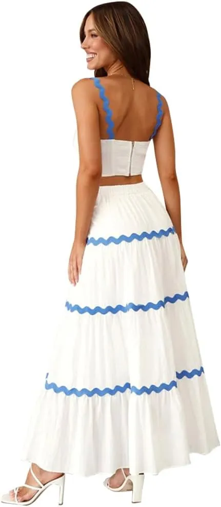 Women's Summer 2 Pieces Set Color Contrast Camisole Top and A Line High Rise Tiered Maxi Skirts