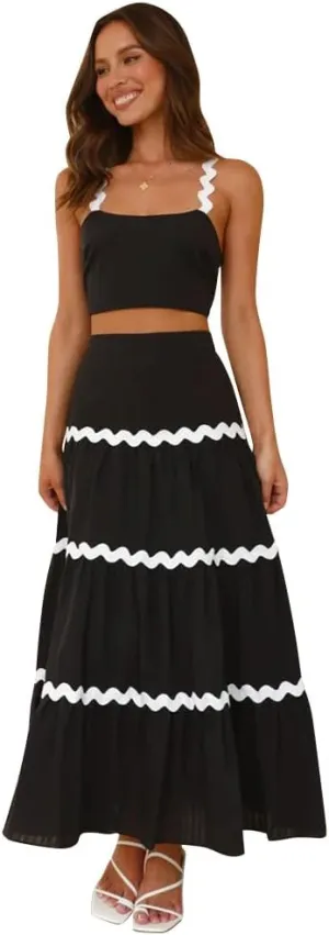 Women's Summer 2 Pieces Set Color Contrast Camisole Top and A Line High Rise Tiered Maxi Skirts