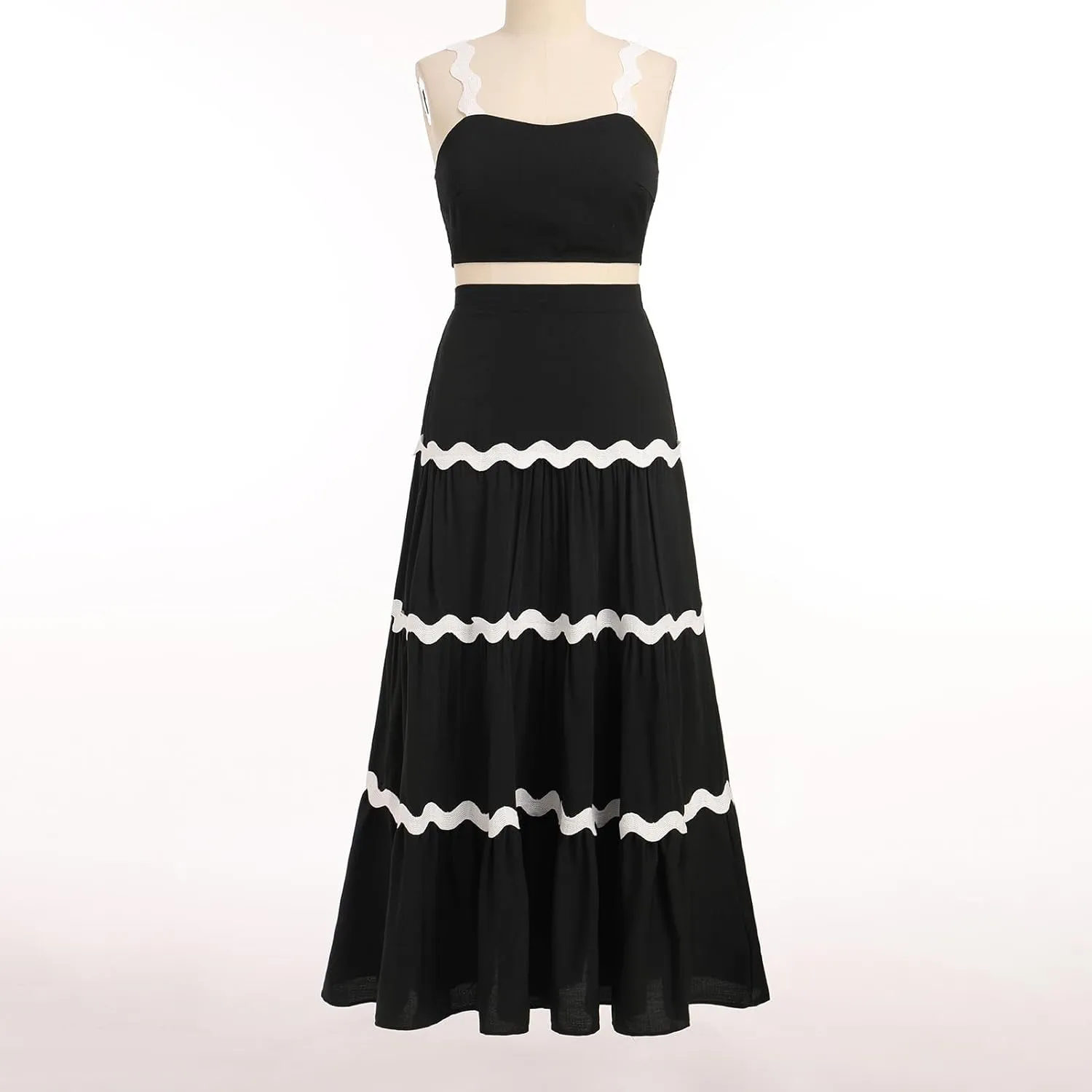 Women's Summer 2 Pieces Set Color Contrast Camisole Top and A Line High Rise Tiered Maxi Skirts