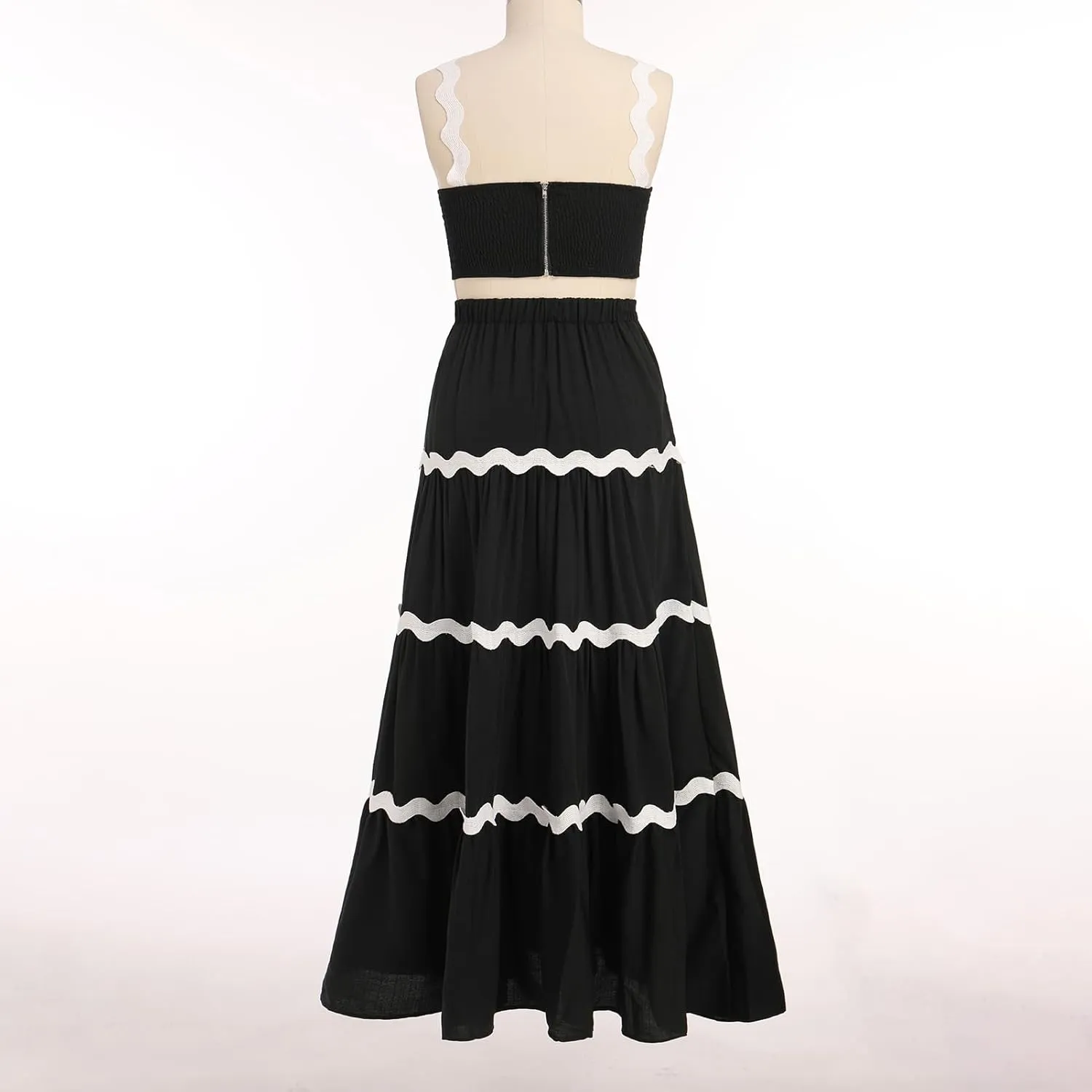 Women's Summer 2 Pieces Set Color Contrast Camisole Top and A Line High Rise Tiered Maxi Skirts