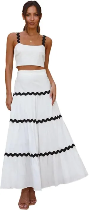 Women's Summer 2 Pieces Set Color Contrast Camisole Top and A Line High Rise Tiered Maxi Skirts