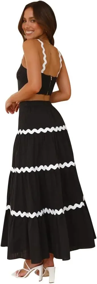 Women's Summer 2 Pieces Set Color Contrast Camisole Top and A Line High Rise Tiered Maxi Skirts