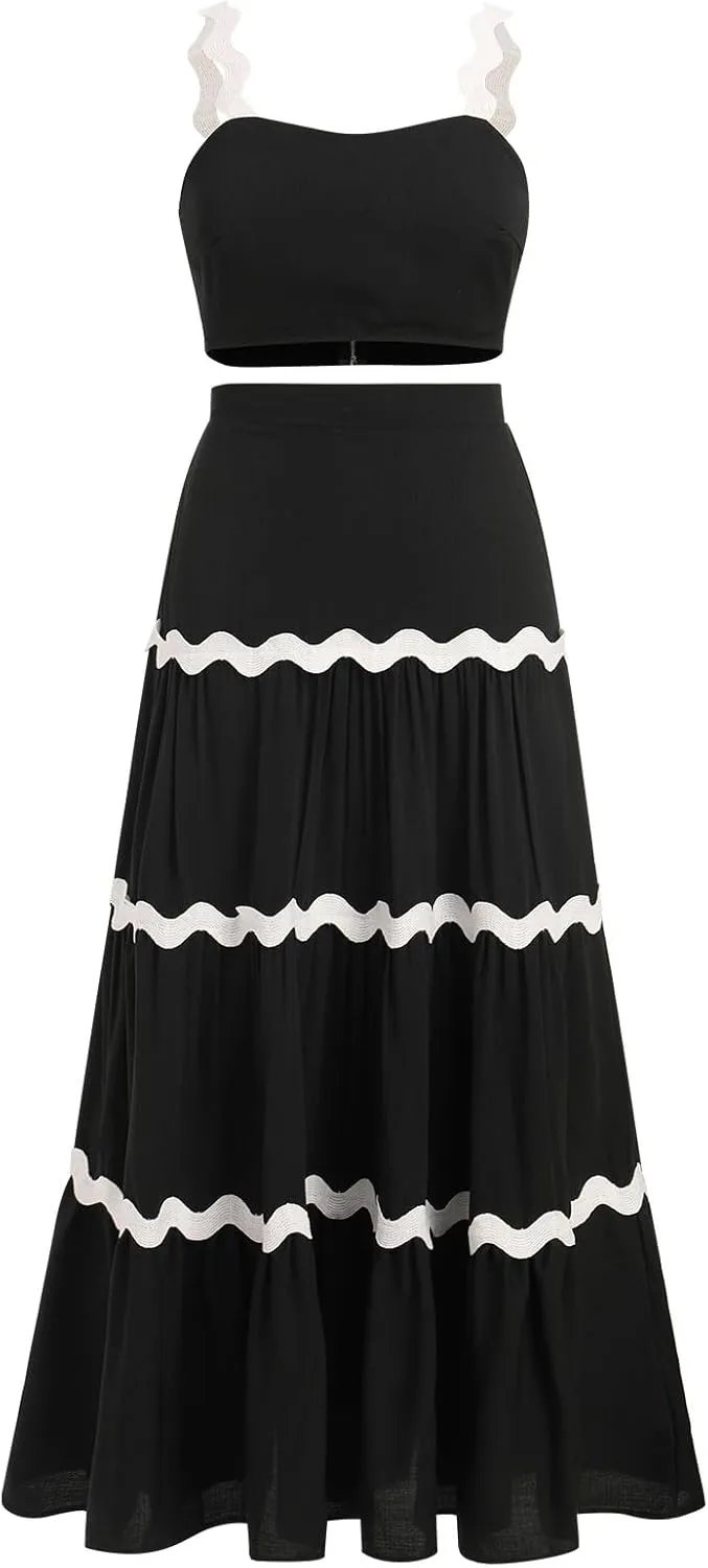 Women's Summer 2 Pieces Set Color Contrast Camisole Top and A Line High Rise Tiered Maxi Skirts