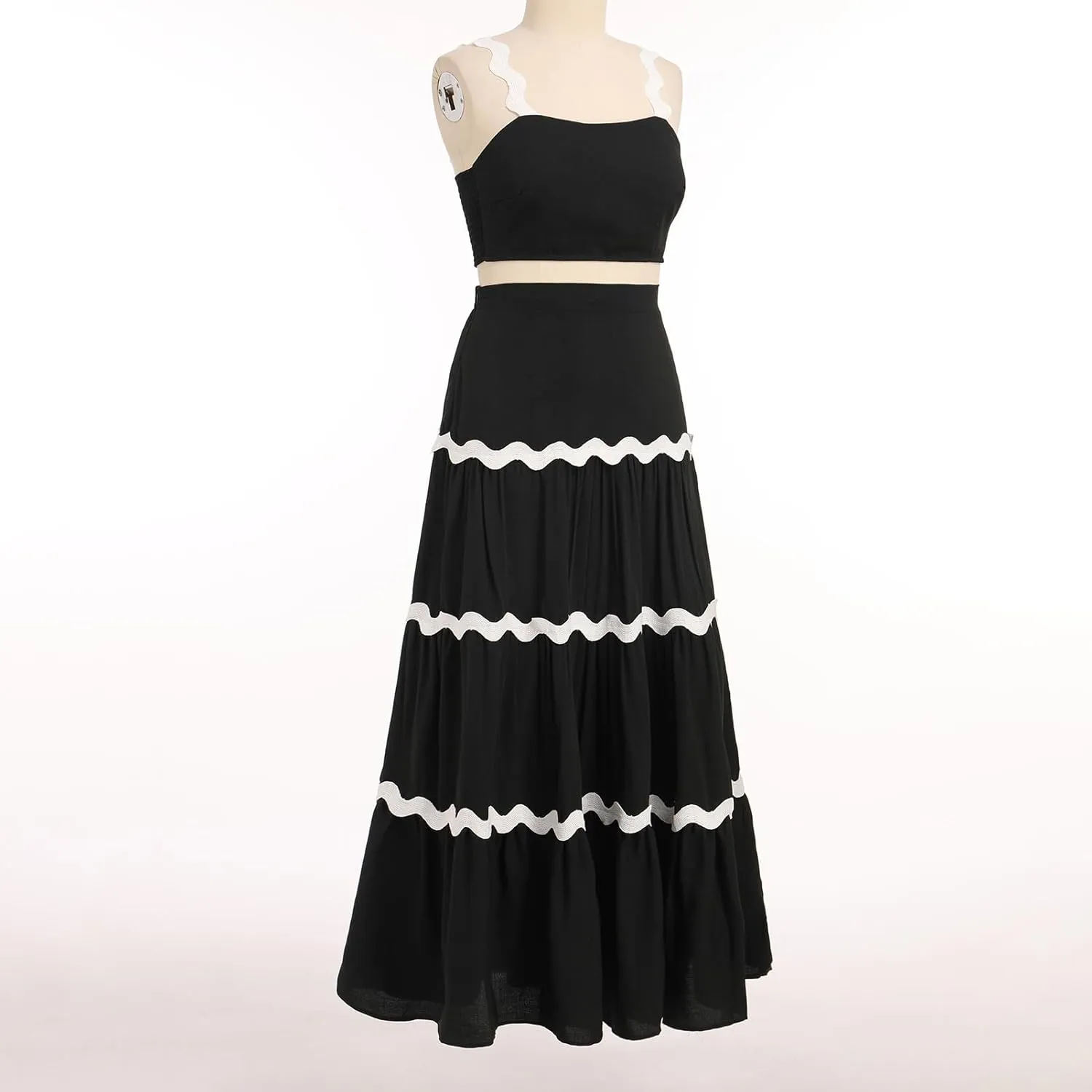 Women's Summer 2 Pieces Set Color Contrast Camisole Top and A Line High Rise Tiered Maxi Skirts