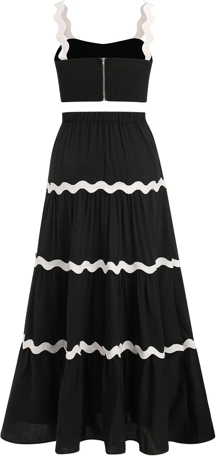 Women's Summer 2 Pieces Set Color Contrast Camisole Top and A Line High Rise Tiered Maxi Skirts