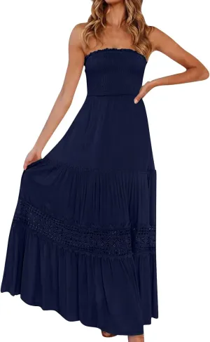 Women's Summer Bohemian Strapless Off Shoulder Lace Trim Backless Flowy A Line Beach Long Maxi Dress Sundresses