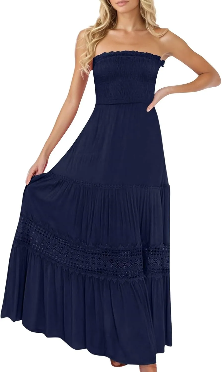 Women's Summer Bohemian Strapless Off Shoulder Lace Trim Backless Flowy A Line Beach Long Maxi Dress Sundresses