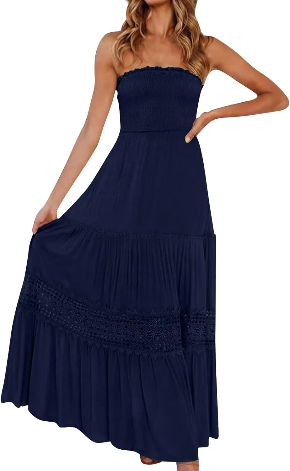 Women's Summer Bohemian Strapless Off Shoulder Lace Trim Backless Flowy A Line Beach Long Maxi Dress Sundresses