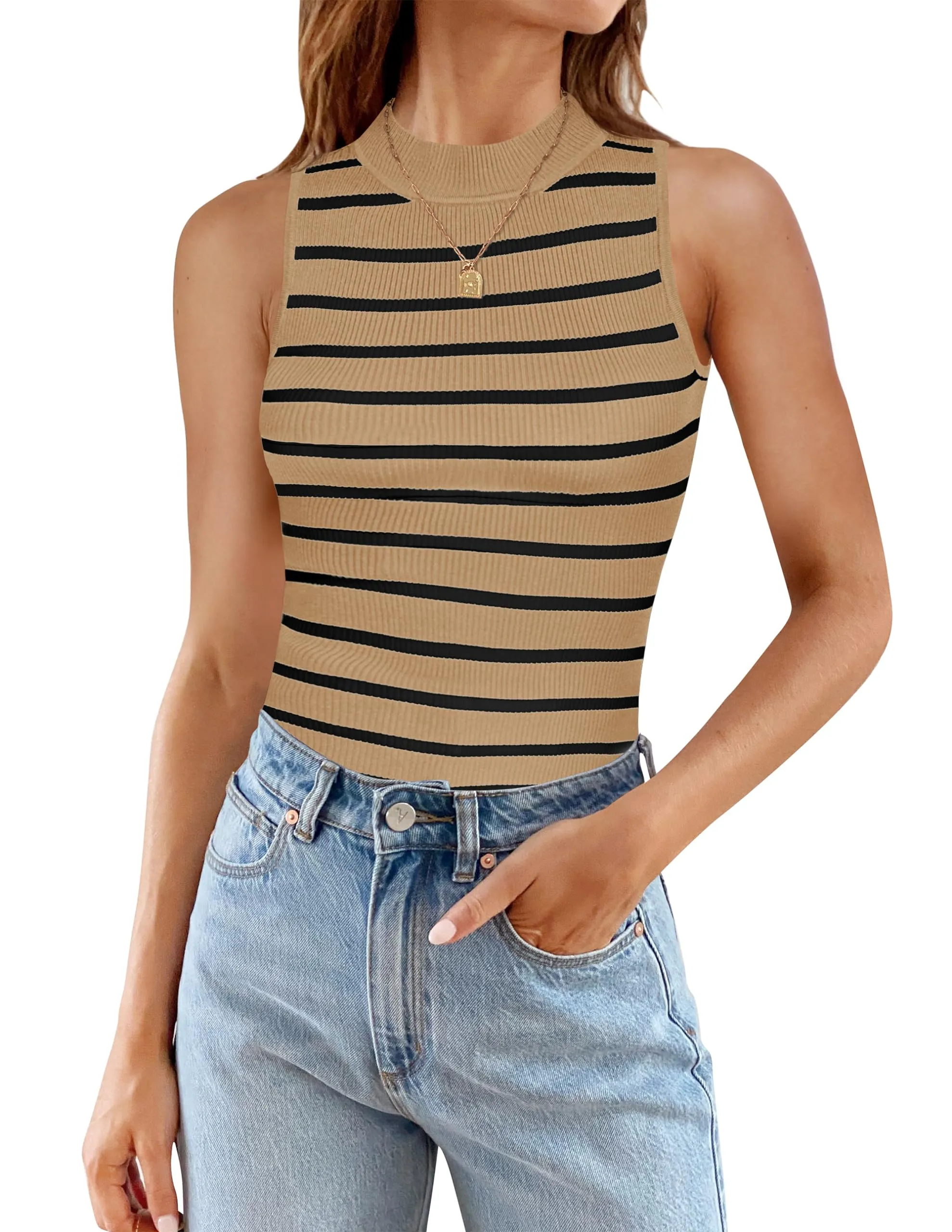 ZESICA High Neck Slim Fitted Ribbed Striped Tank Top
